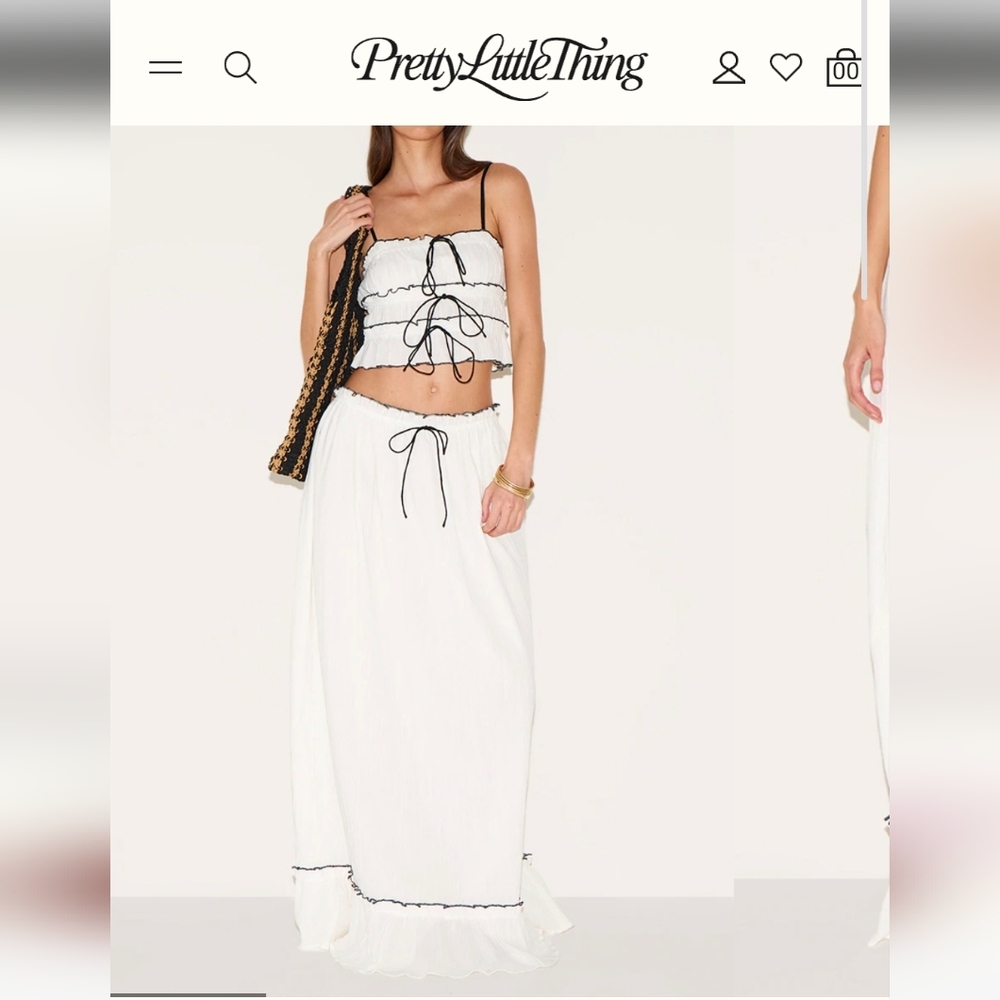NWT PrettyLittleThing White Cheesecloth Contrast Maxi Skirt, Size 4